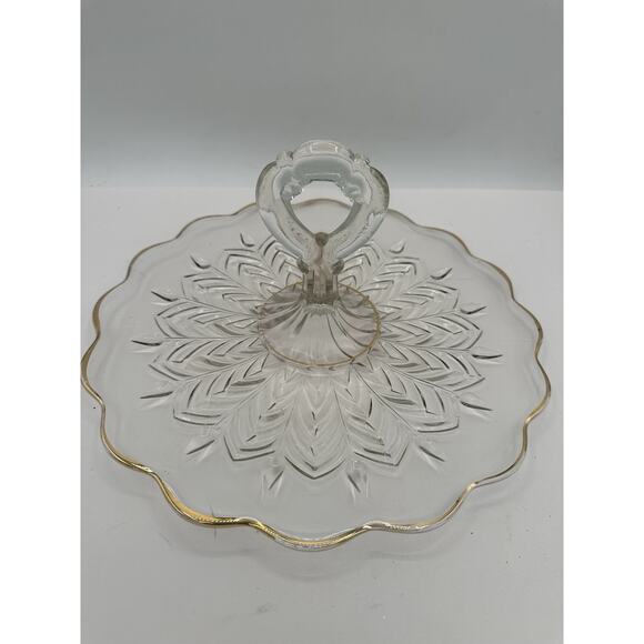 Center Handle Tray Feather by JEANNETTE Glass 12" x 6" Gold Trim Cottage Core - Picture 1 of 7